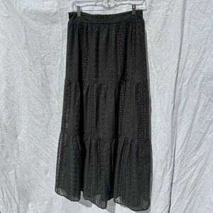 Black Tiered Eyelet Midi Skirt Elastic Waist Line